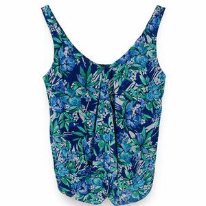 Fit 4 U Blue Floral Tankini Top Mesh Overlay Handkerchief Hem Swim Size 16